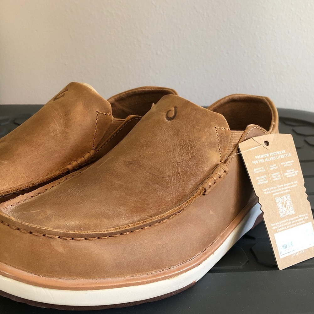 OluKai Men's Tan Leather Slip-On Loafers Kalia